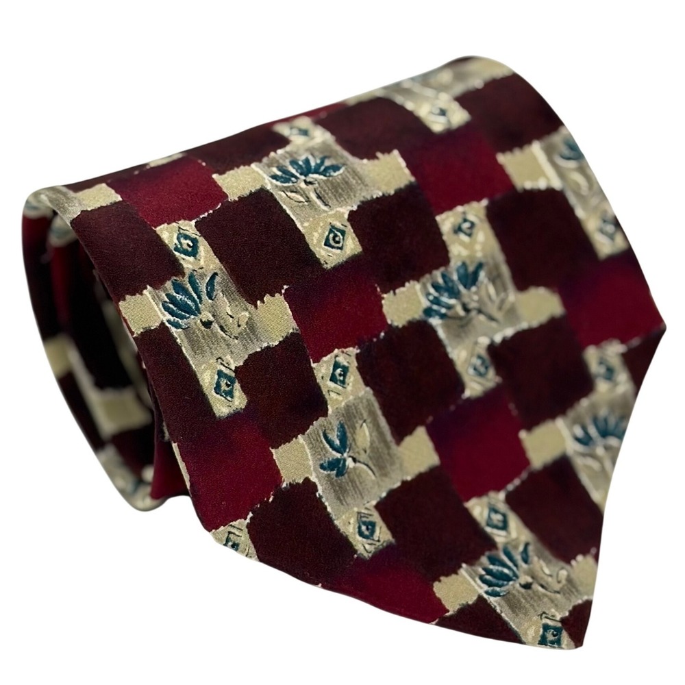 VTG Zylos George Machado Necktie Burgundy Geometric Floral Italian Silk Mens OS‎